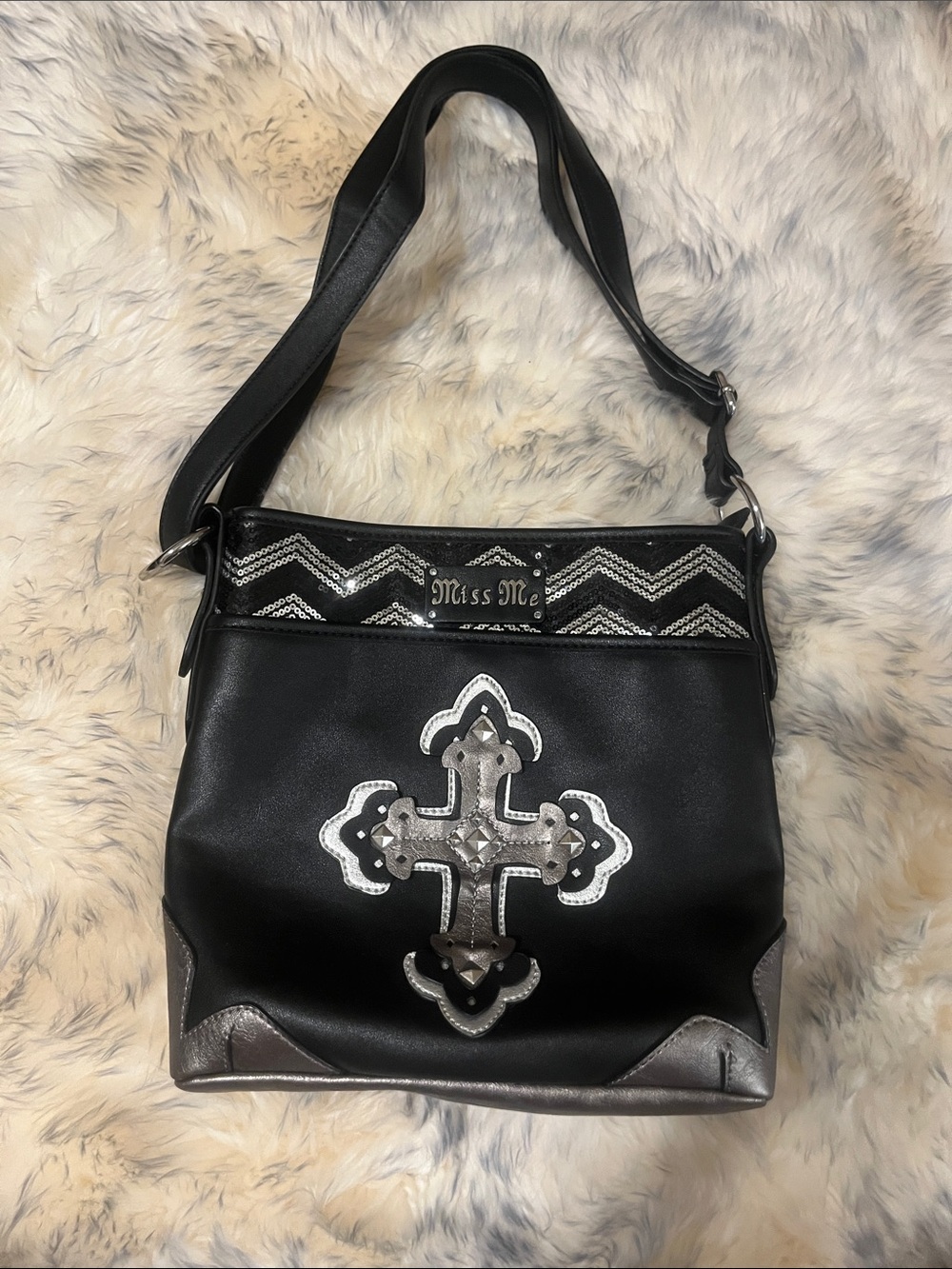 Miss Me Black Shoulder Bag with Silver Cross Accent